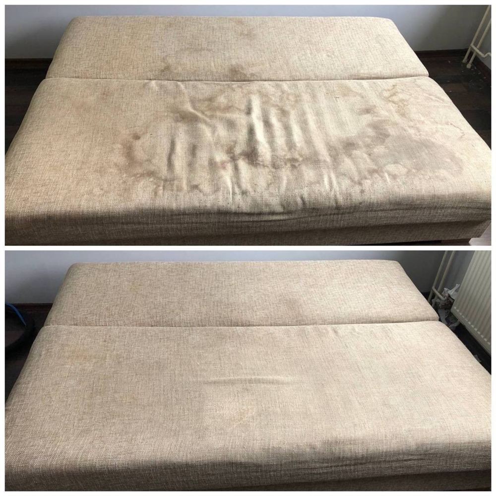 Limpeza de sofá-cama bege com manchas, antes e depois