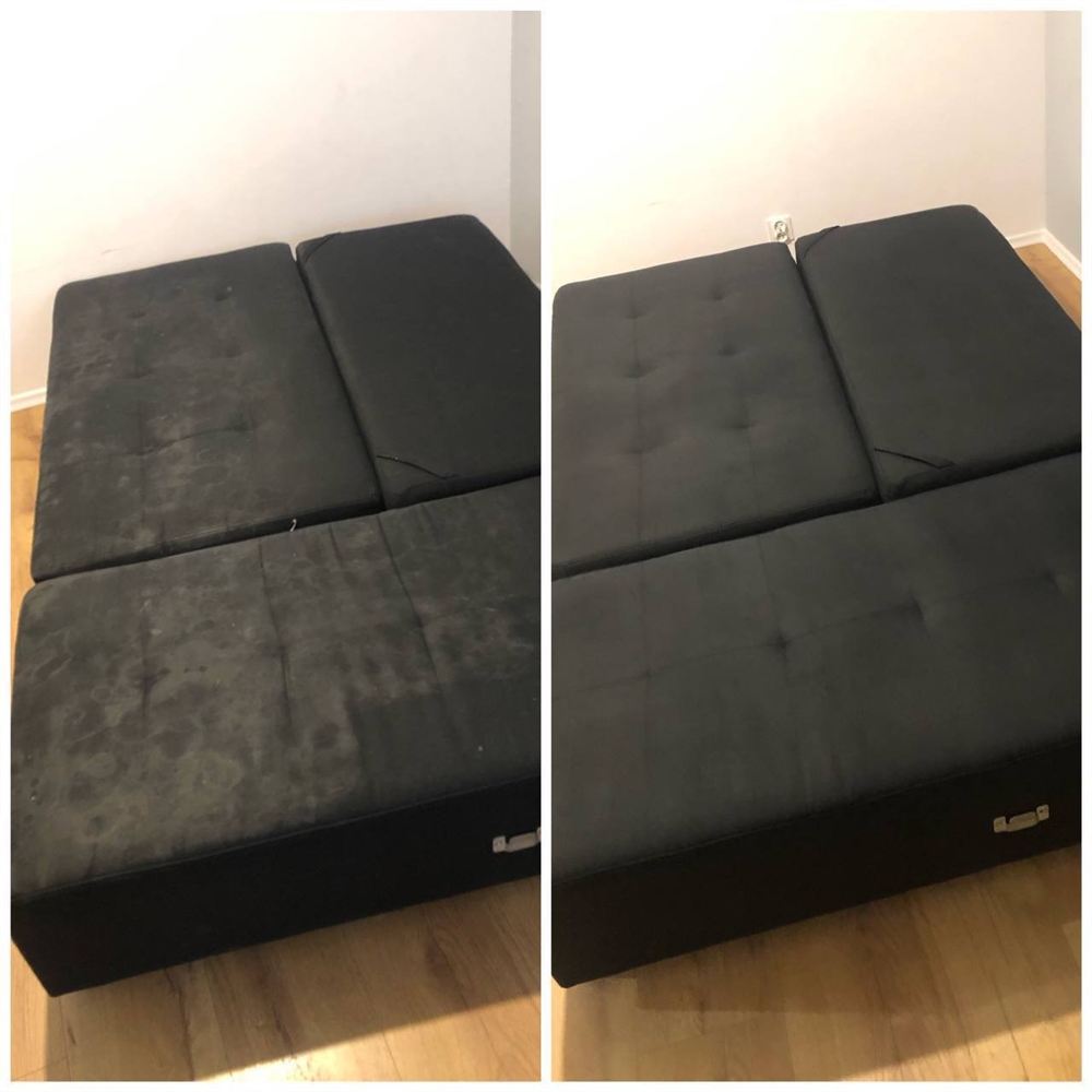Limpeza de sofá-cama preto, antes e depois