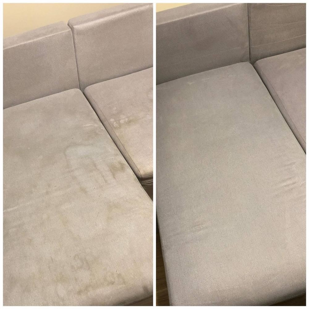 Limpeza de sofá cinzento claro, antes e depois